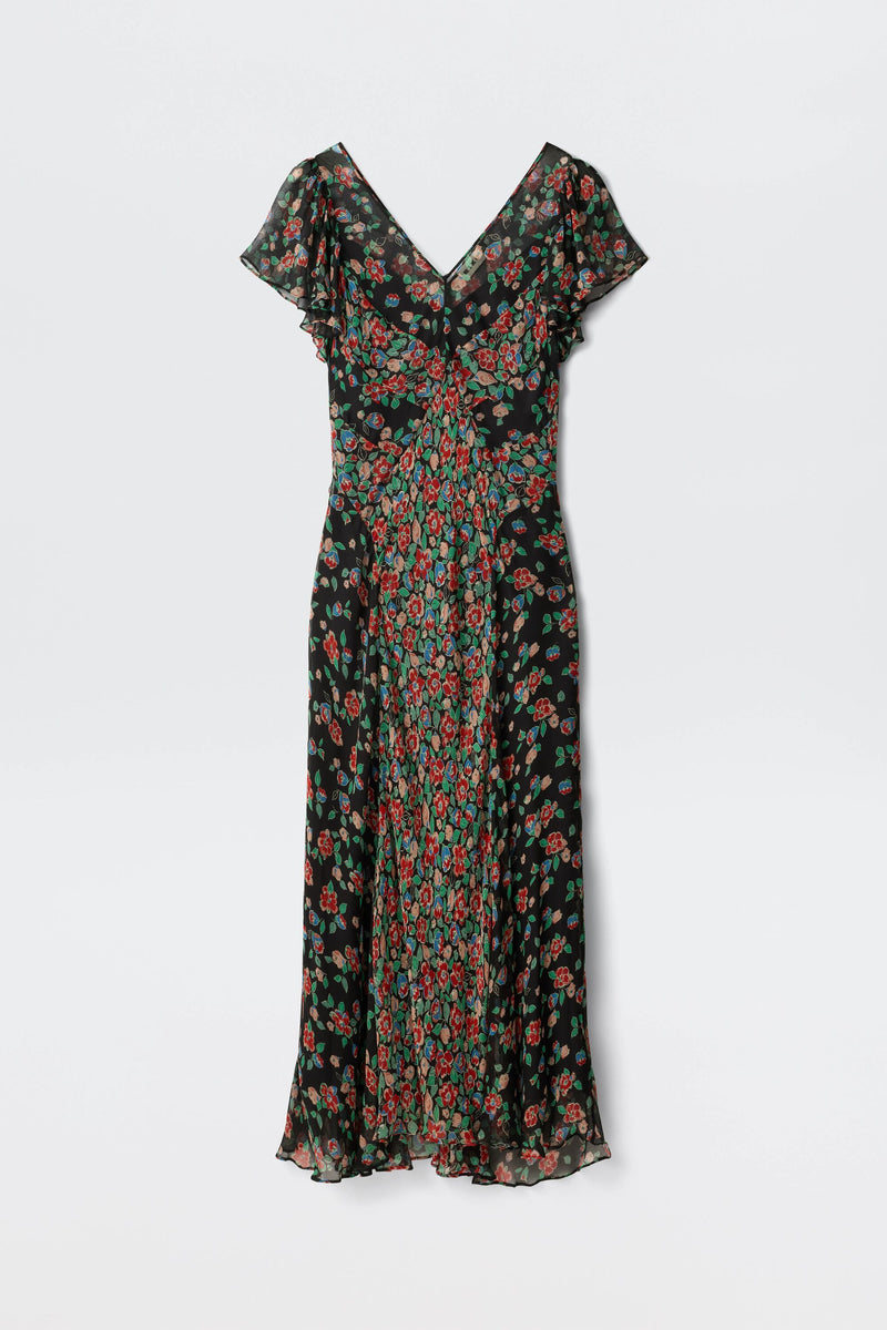 The Bexley - Jeannie Mix Charcoal is a calf-length, short-sleeved black dress with a V-neckline, fitted waist, and flowing skirt. It features a colorful red and green floral print.
