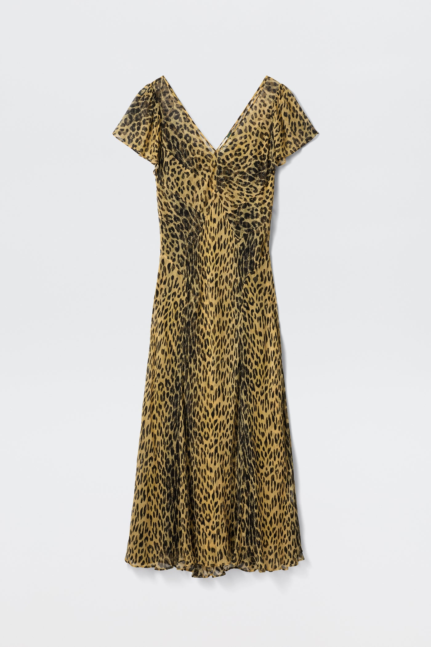 The Bexley - Nina Leopard Brown is a short-sleeved, V-neck, midi dress featuring a brown and black leopard print on a plain white background.
