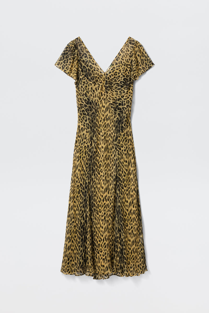 The Bexley - Nina Leopard Brown is a short-sleeved, V-neck, midi dress featuring a brown and black leopard print on a plain white background.