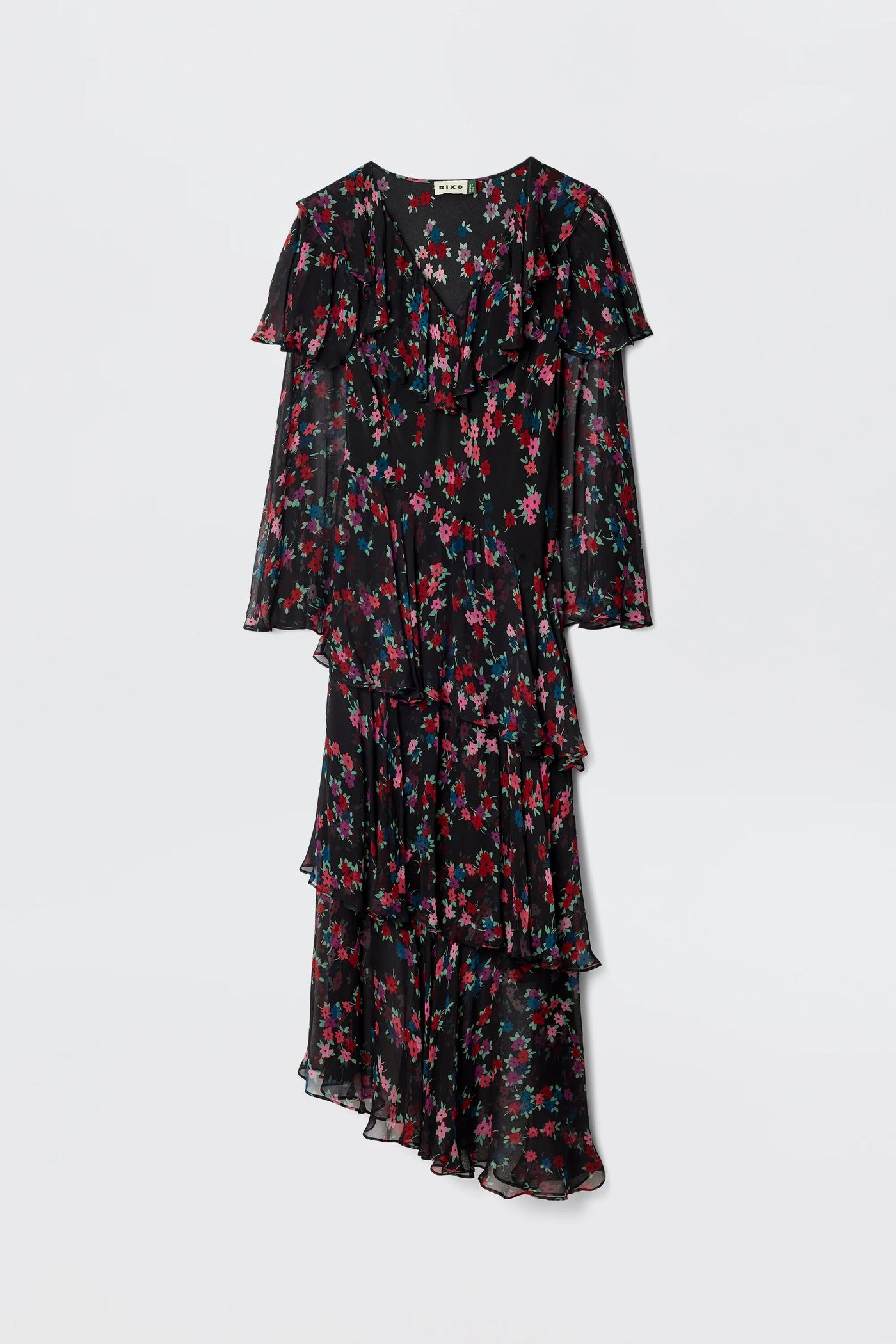 The Loralyn - City Floral Black is a long, sheer black ruffle dress with red, blue, and purple floral print, layered ruffles, flutter sleeves, and a v-neckline shown against a plain white background.