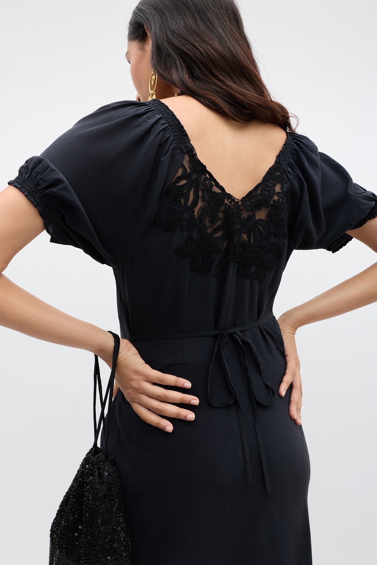 Ilaria Silk Midi Dress in Black | RIXO USA Ilaria Silk Midi Dress in Black | RIXO USA