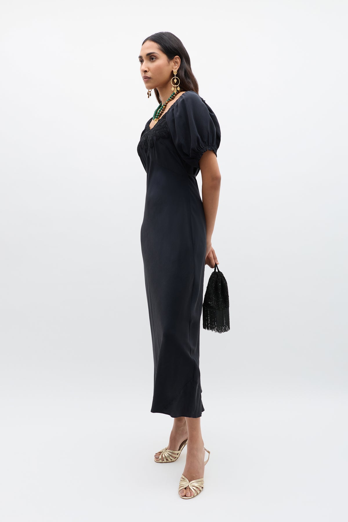 Ilaria Silk Midi Dress in Black | RIXO USA Ilaria Silk Midi Dress in Black | RIXO USA