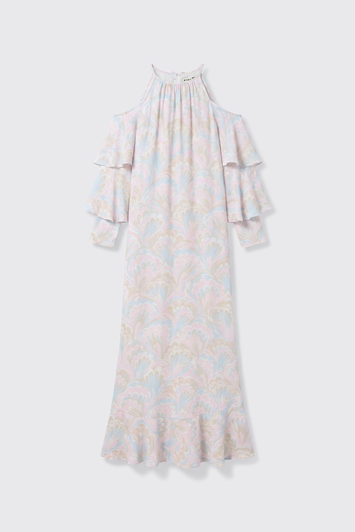 The Niara - Marble Swirl Pastel is a long dress featuring a pastel marble pattern, cold shoulder cutouts, ruffled sleeves, and a ruffled hem, shown against a plain white background.