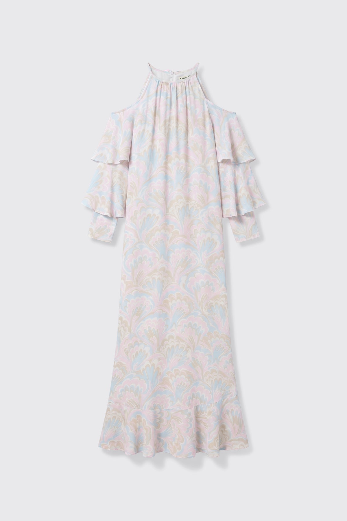 The Niara - Marble Swirl Pastel is a long dress featuring a pastel marble pattern, cold shoulder cutouts, ruffled sleeves, and a ruffled hem, shown against a plain white background.