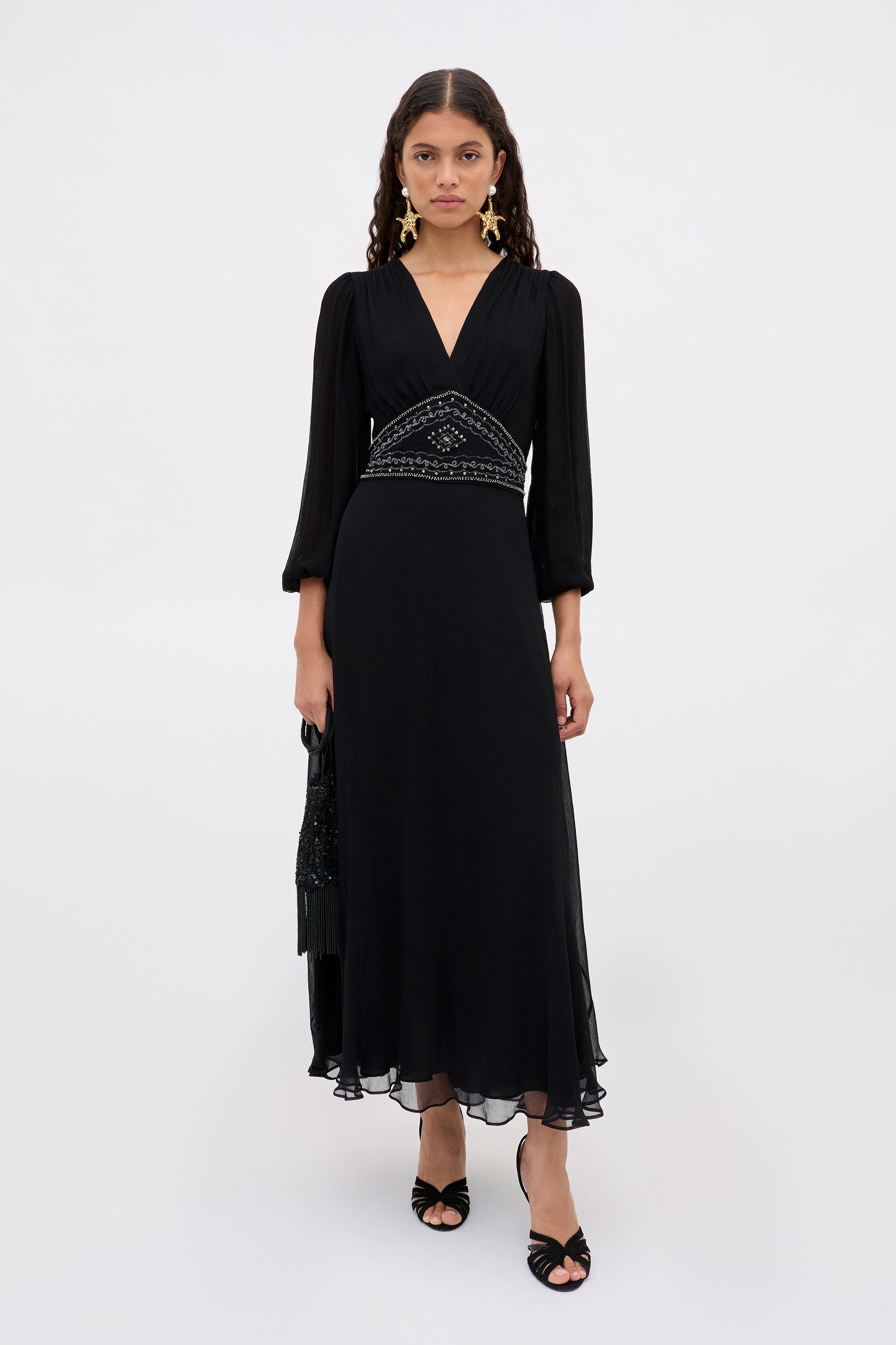 Kaesha Chiffon Midi Dress in Diana Embellishment Black | RIXO ⋆