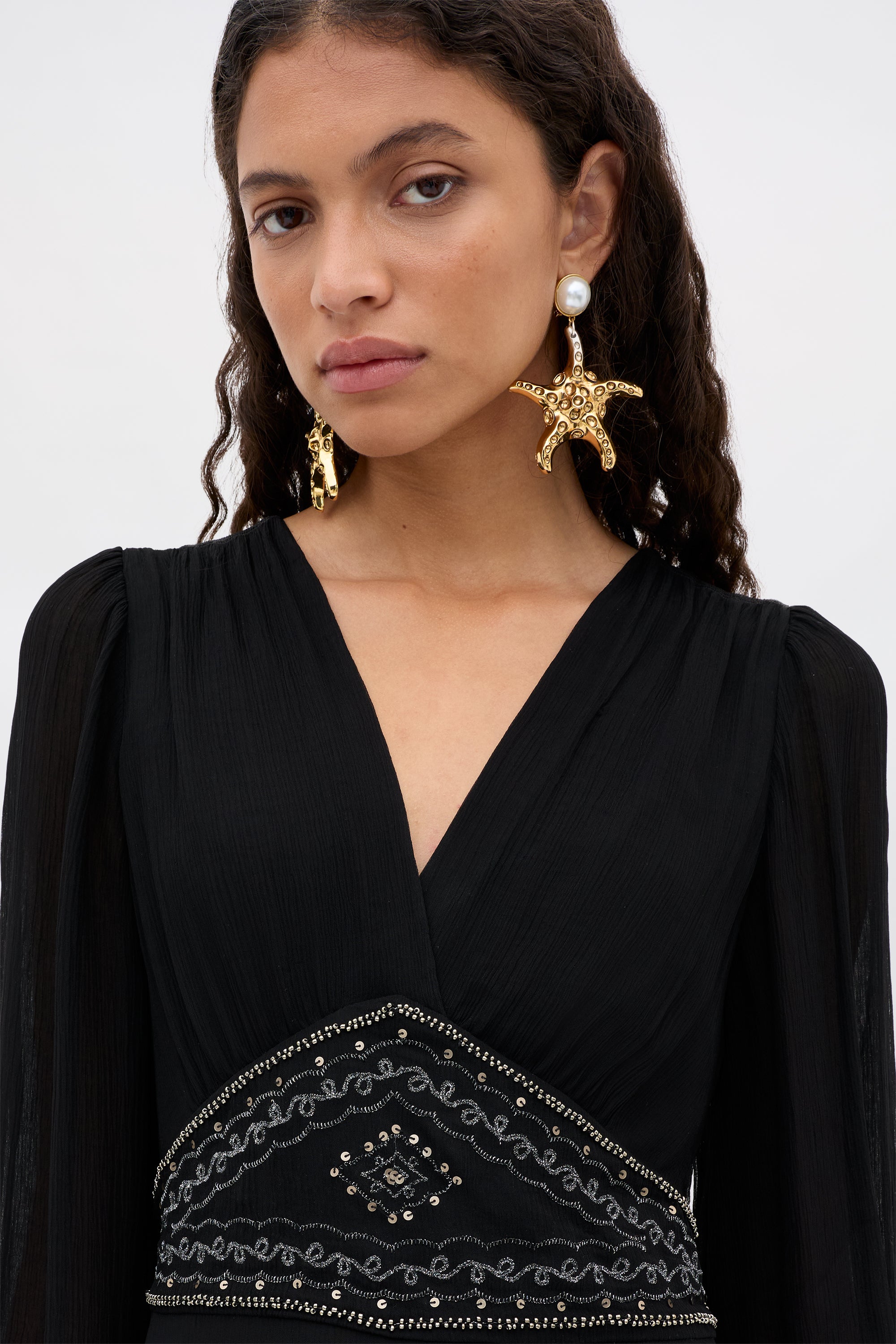 Kaesha Chiffon Midi Dress in Diana Embellishment Black | RIXO ⋆