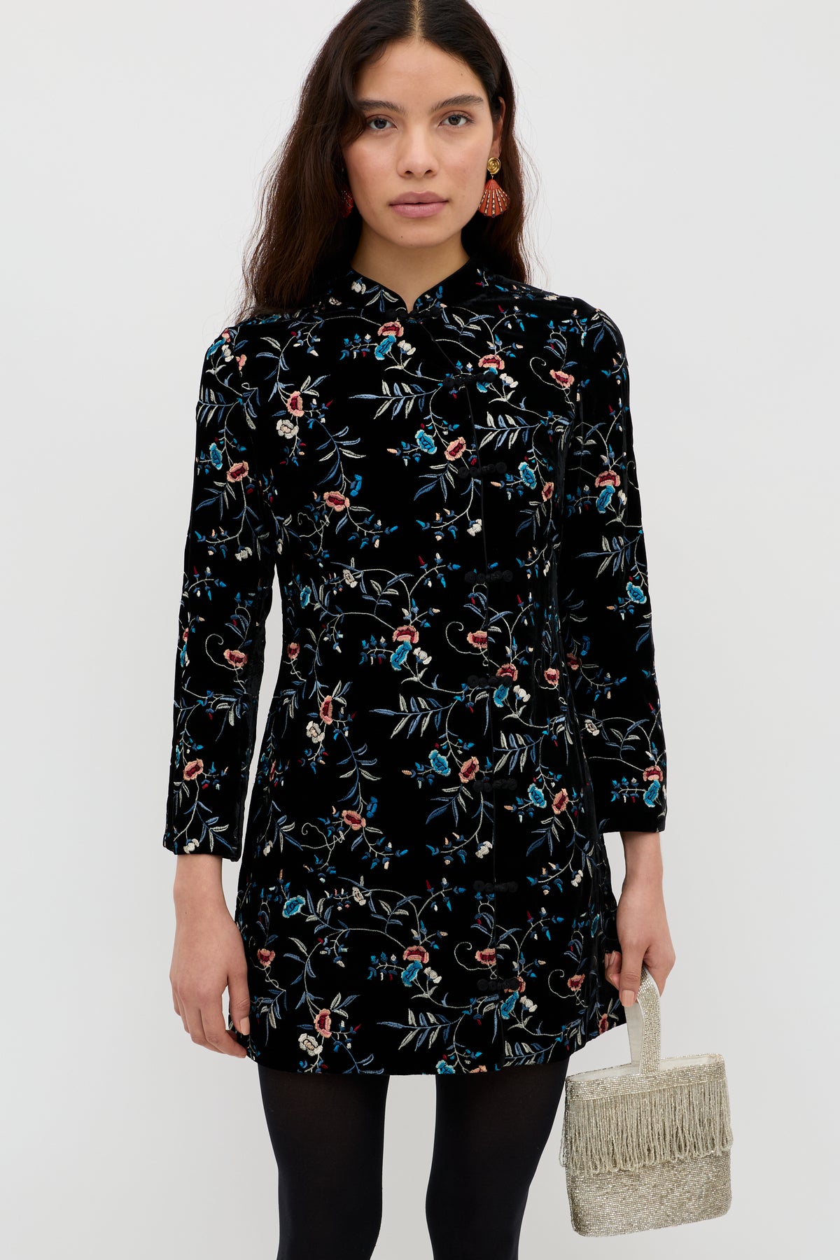 Delphina Embroidered Velvet Mini Dress in Botanical Embroidery Black | RIXO USA Delphina Embroidered Velvet Mini Dress in Botanical Embroidery Black | RIXO USA