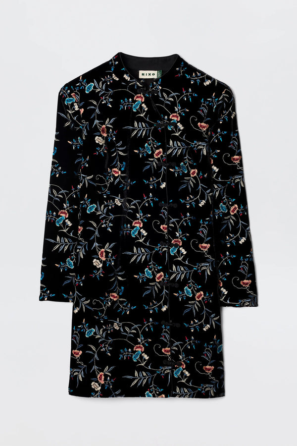 Delphina Embroidered Velvet Mini Dress in Botanical Embroidery Black