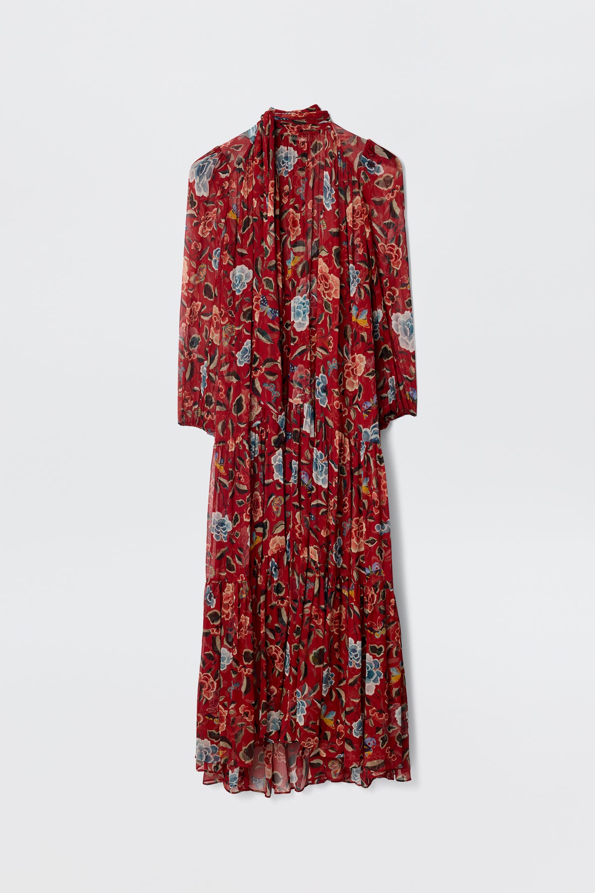 The Adalind - Butterfly Floral Burgundy is a long-sleeved, midi red chiffon dress with blue, white, and beige floral prints, shown on a plain white background.