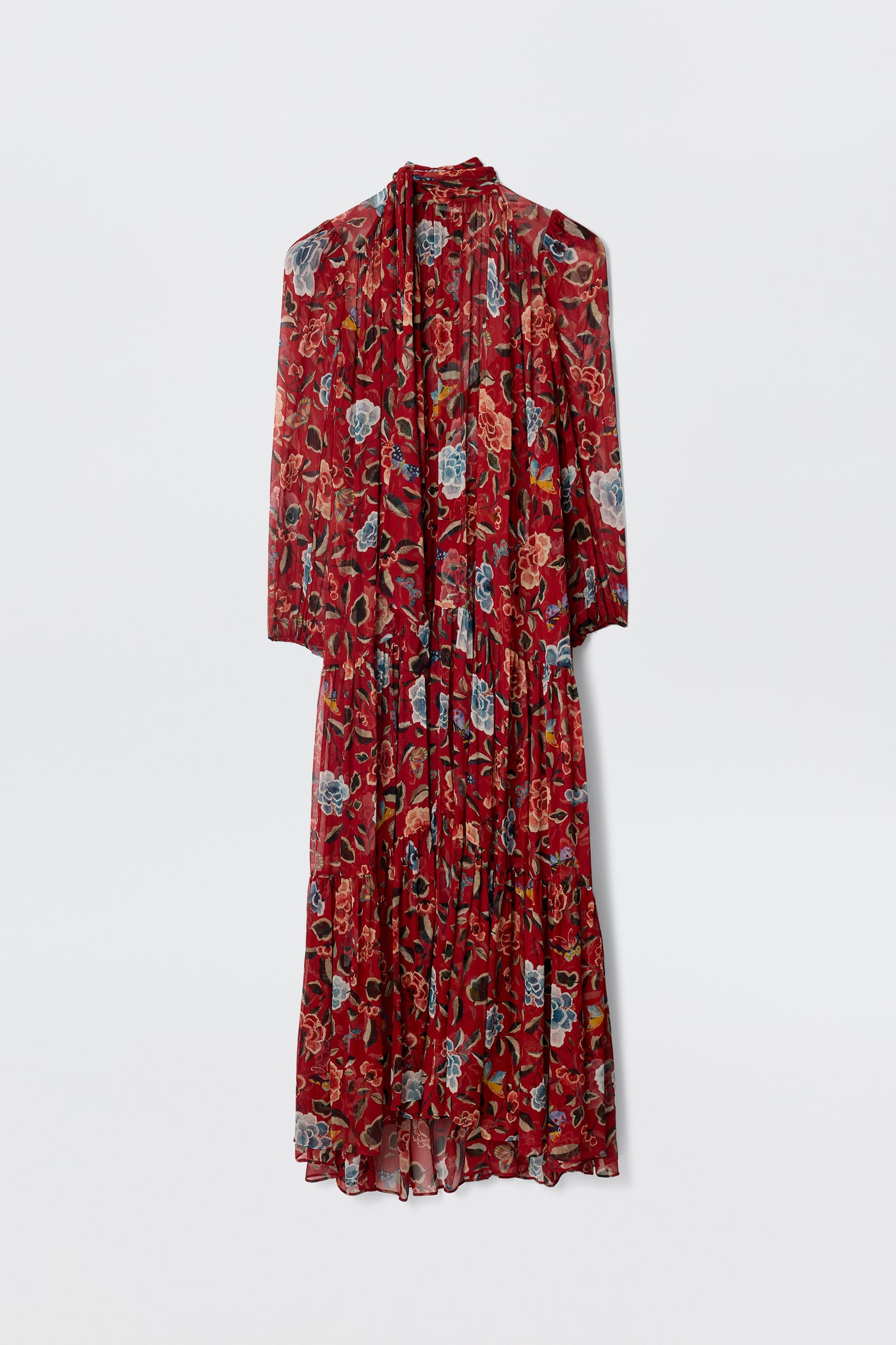 The Adalind - Butterfly Floral Burgundy is a long-sleeved, midi red chiffon dress with blue, white, and beige floral prints, shown on a plain white background.