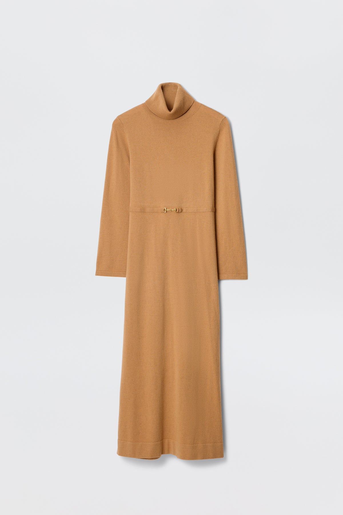The Elliette - Camel is a long-sleeved turtleneck dress in camel, featuring a slim gold clasp belt at the waist for a minimalist style, shown against a plain white background.