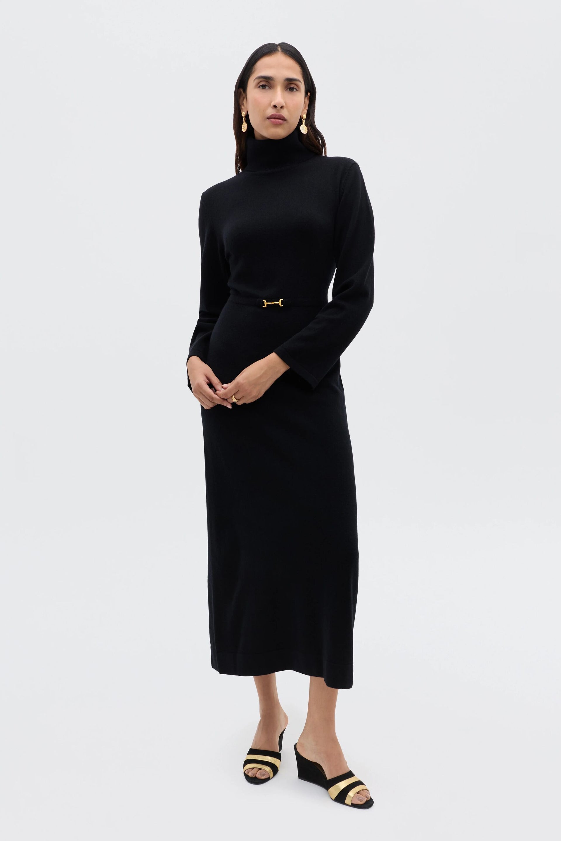 black turtleneck dress long sleeve RIXO Elliette Cashmere-Blend Black