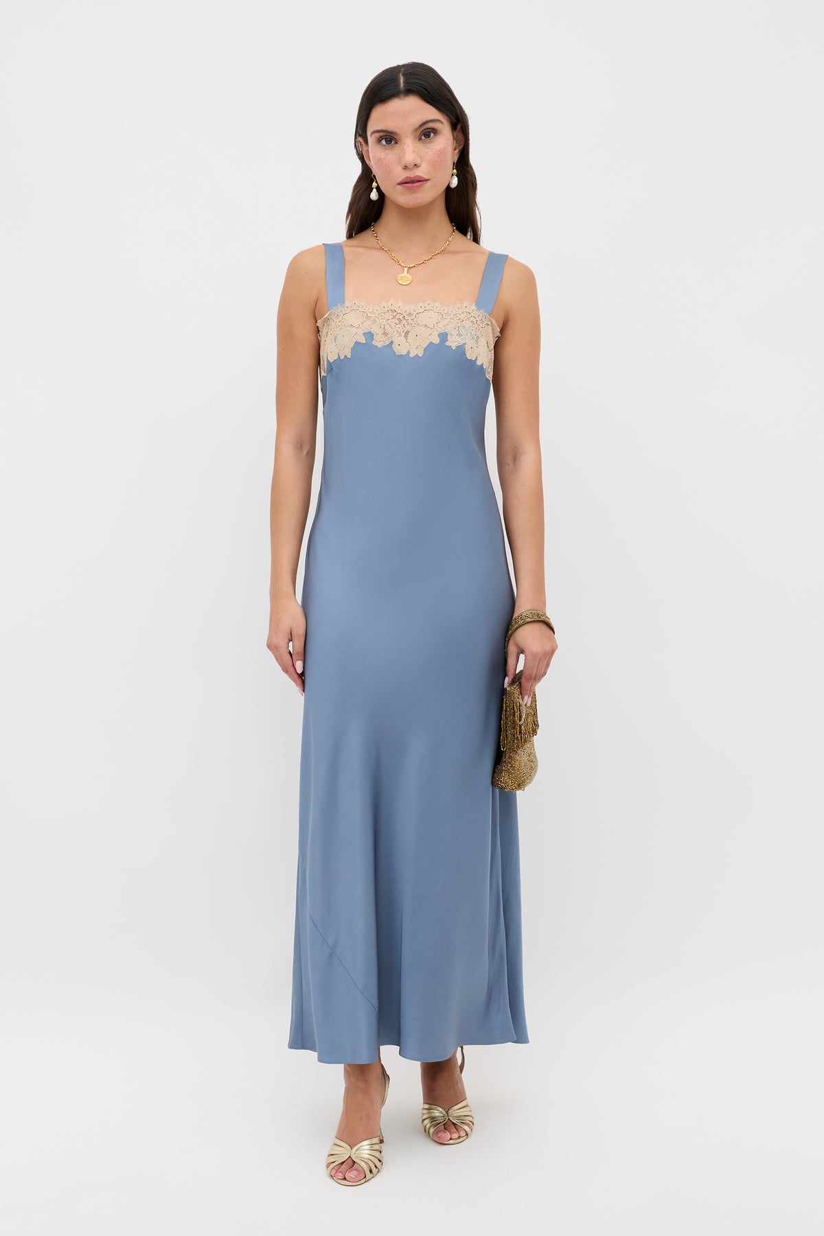 Rosamarie Satin Dress in Stone Blue | RIXO USA Rosamarie Satin Dress in Stone Blue | RIXO USA