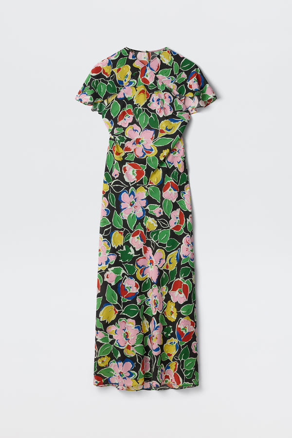 The Aryella Jeannie Bloom Black is a long, short-sleeved dress with a vibrant floral print in pink, yellow, and green on a black background, displayed flat on a plain white surface.