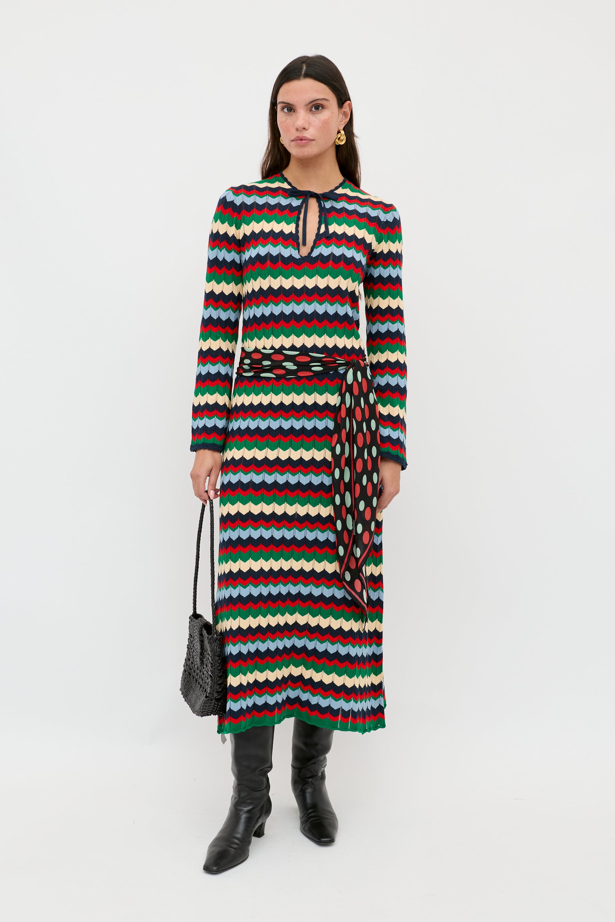 Lucila Knitted Midi Dress in Multi Retro Chevron Blue | RIXO USA ⋆