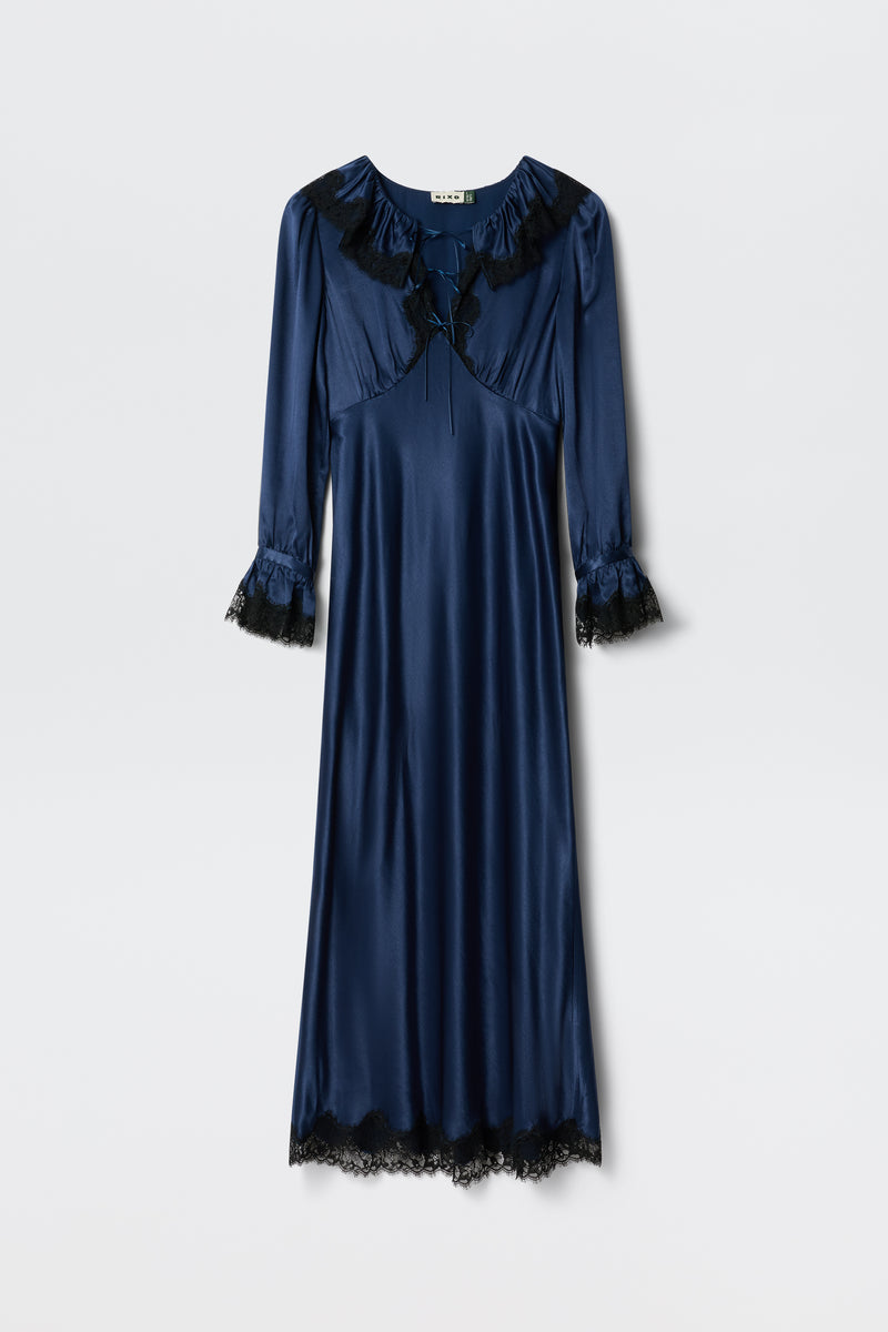 luxurious night satin midi dress Brecia Satin Midi Dress in Midnight Navy