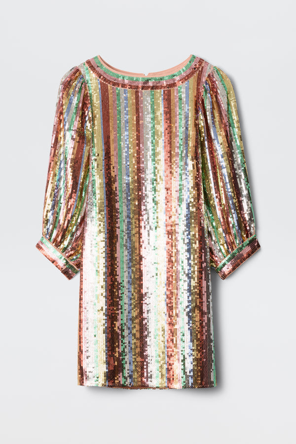 The Laurie Dixie Stripe Embellishment Multi dress is knee-length with three-quarter puff sleeves and features multi-colored vertical sequins in shades of pink, gold, green, blue, and silver, shown on a white background.