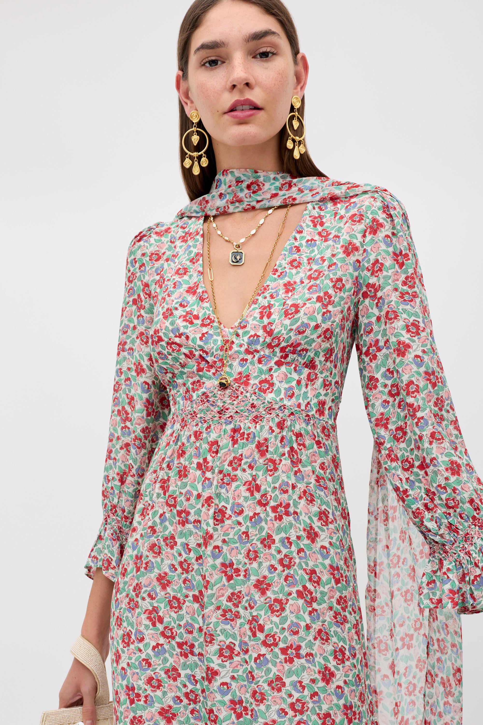 Mireta Midi Dress in Pink Jeannie Bloom Ivory | RIXO USA ⋆