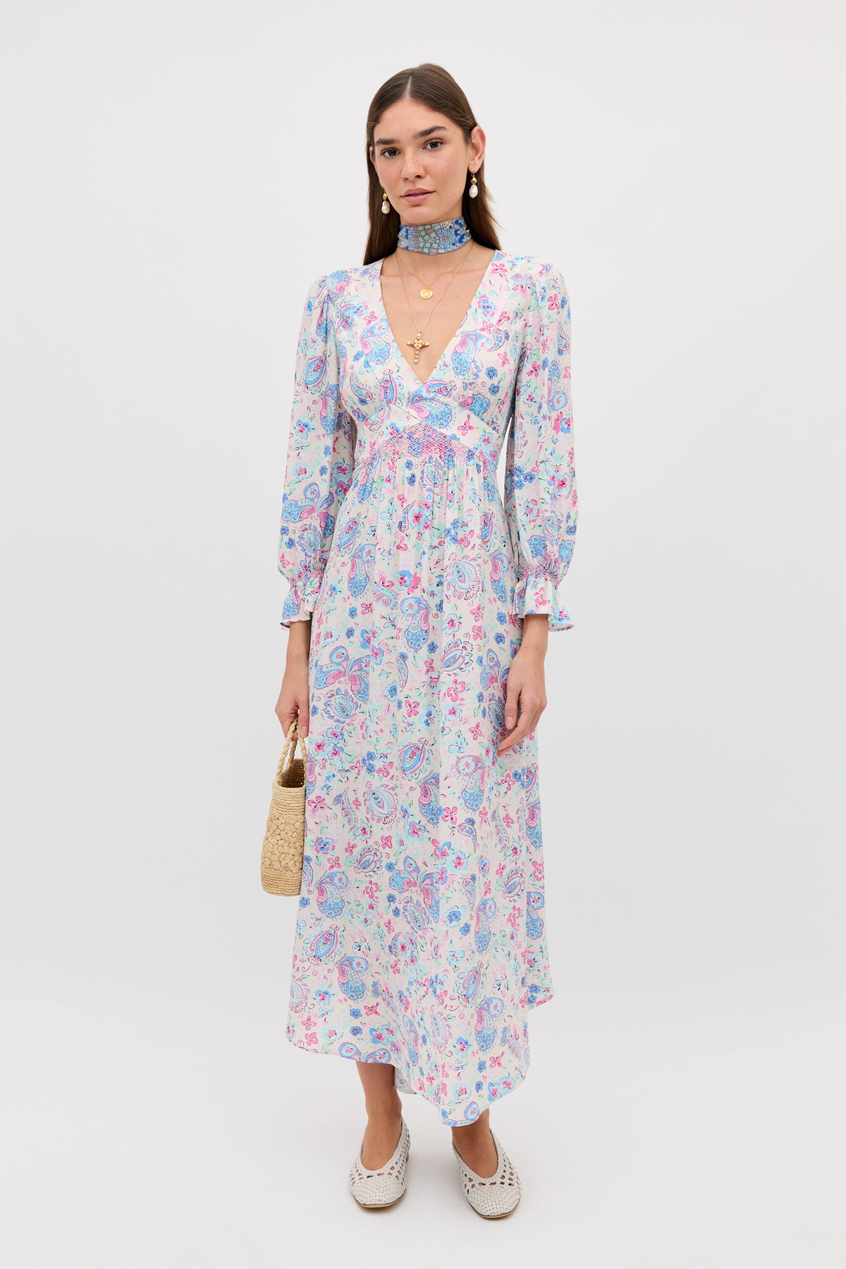 cream dress and shoes RIXO Mireta Crepe Midi Dres Cara Floral Cream