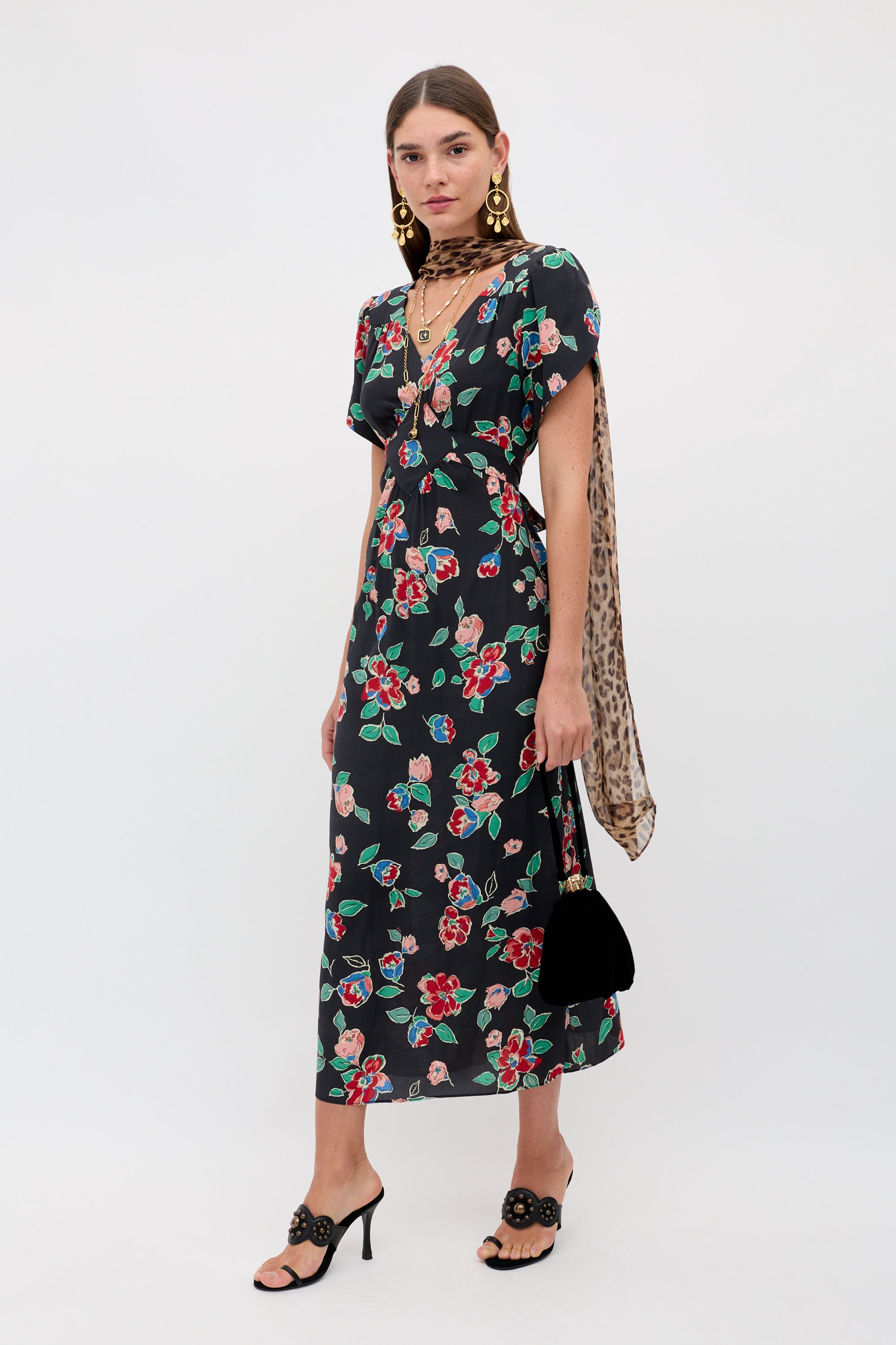 Riella Silk Midi Dress in Grey Kimmie Floral Charcoal | RIXO USA ⋆