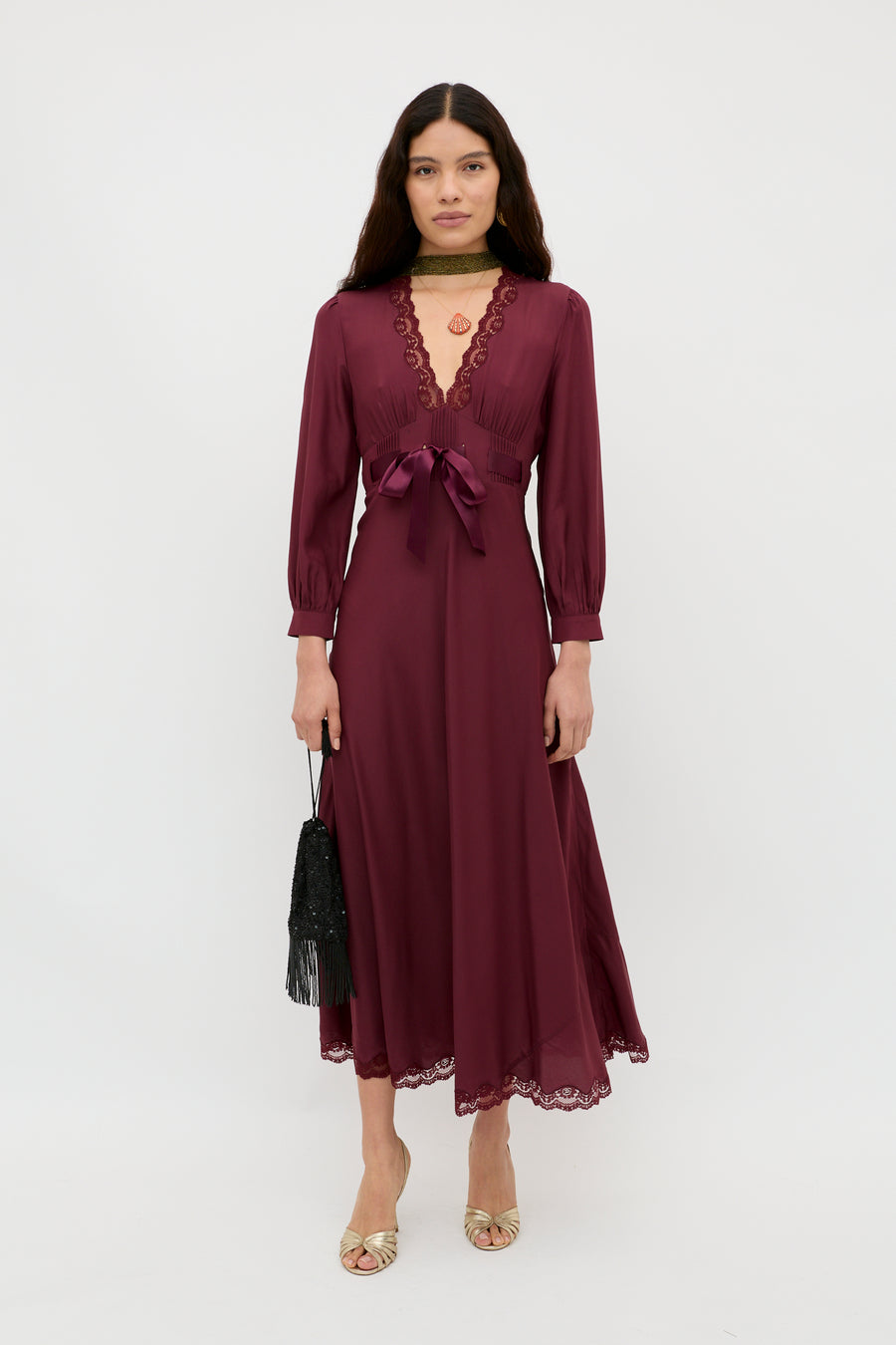 Adaline Silk Midi Dress in Burgundy Maroon