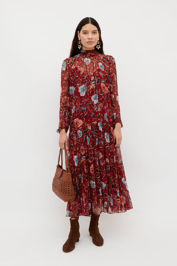 Adalind Chiffon Dress in Red Butterfly Floral Burgundy