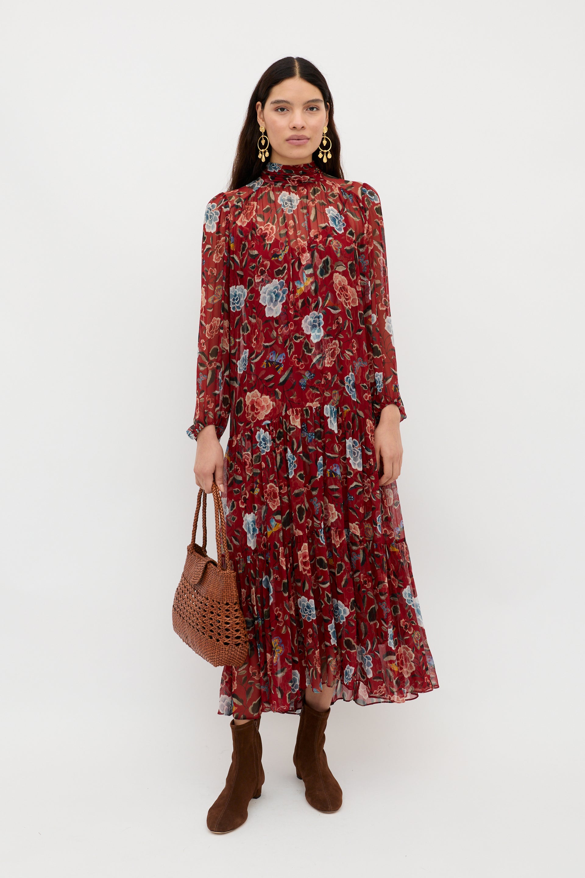 white christmas dresses Adalind Chiffon Dress in Red Butterfly Floral Burgundy