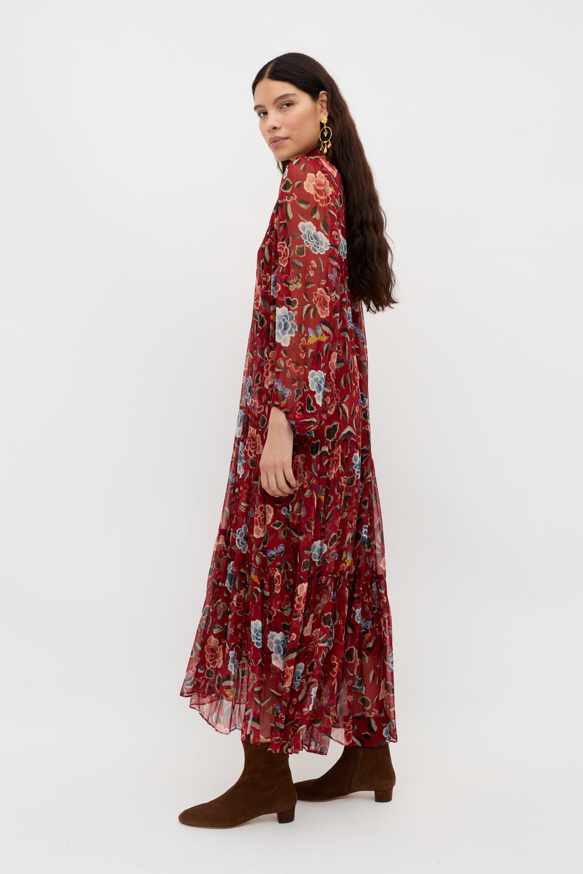 Adalind Chiffon Dress in Red Butterfly Floral Burgundy | RIXO USA Adalind Chiffon Dress in Red Butterfly Floral Burgundy | RIXO USA
