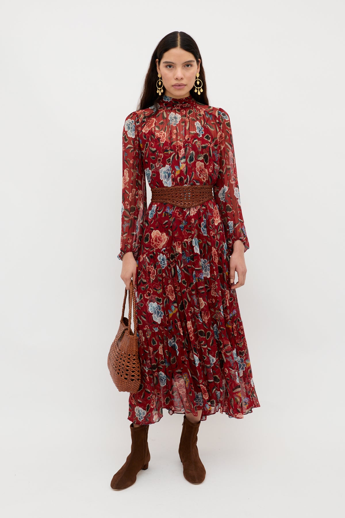 Adalind Chiffon Dress in Red Butterfly Floral Burgundy | RIXO USA Adalind Chiffon Dress in Red Butterfly Floral Burgundy | RIXO USA