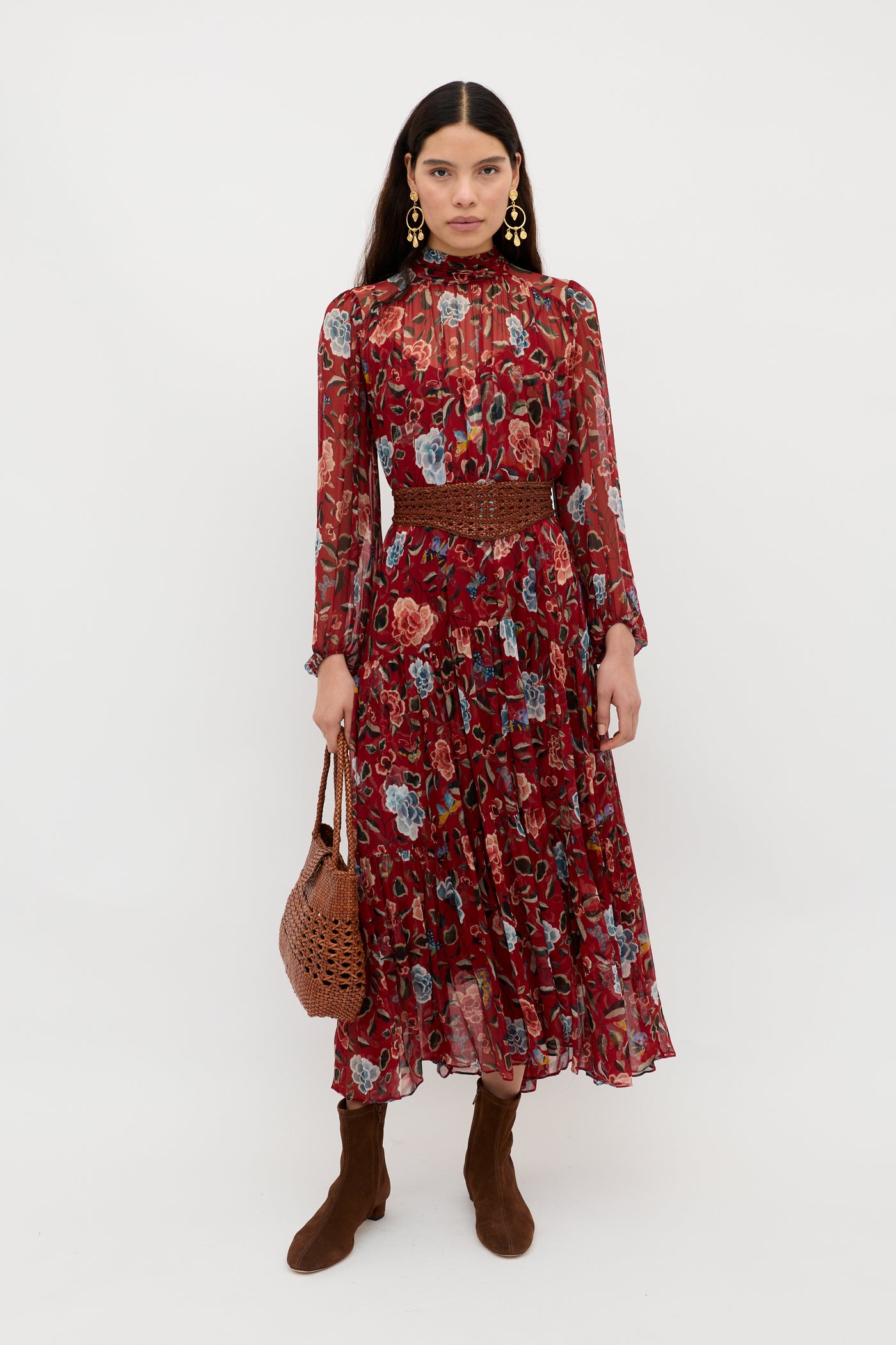 Adalind Chiffon Dress in Red Butterfly Floral Burgundy | RIXO USA Adalind Chiffon Dress in Red Butterfly Floral Burgundy | RIXO USA
