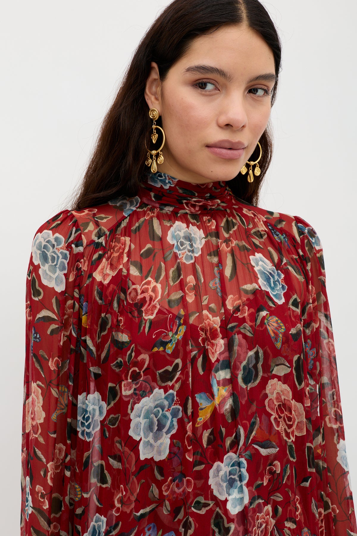 dark red floral dress Hope & Ivy high neck chiffon maxi dress in dark based red floral print
