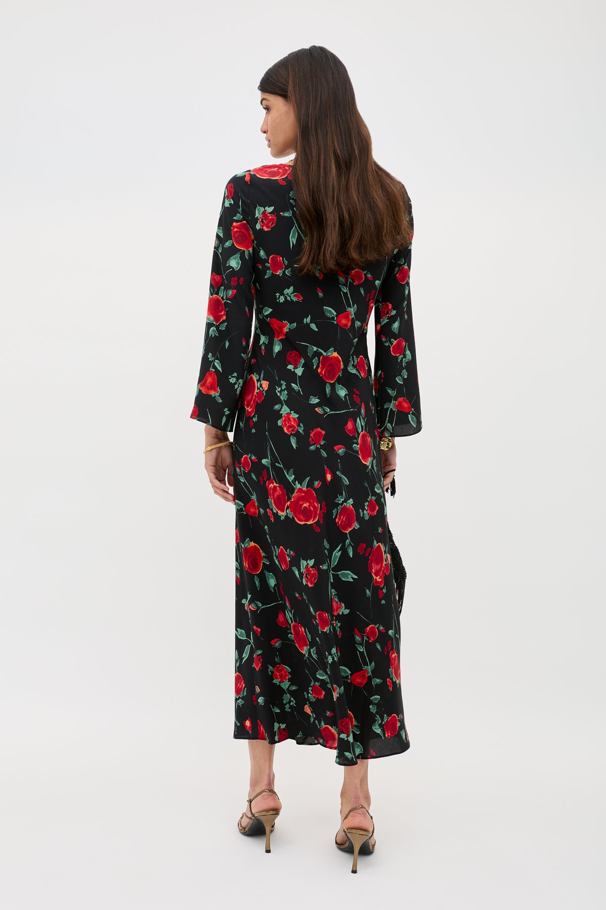 Noraya Silk Midi Dress in Claudia Rose Black | RIXO USA Noraya Silk Midi Dress in Claudia Rose Black | RIXO USA