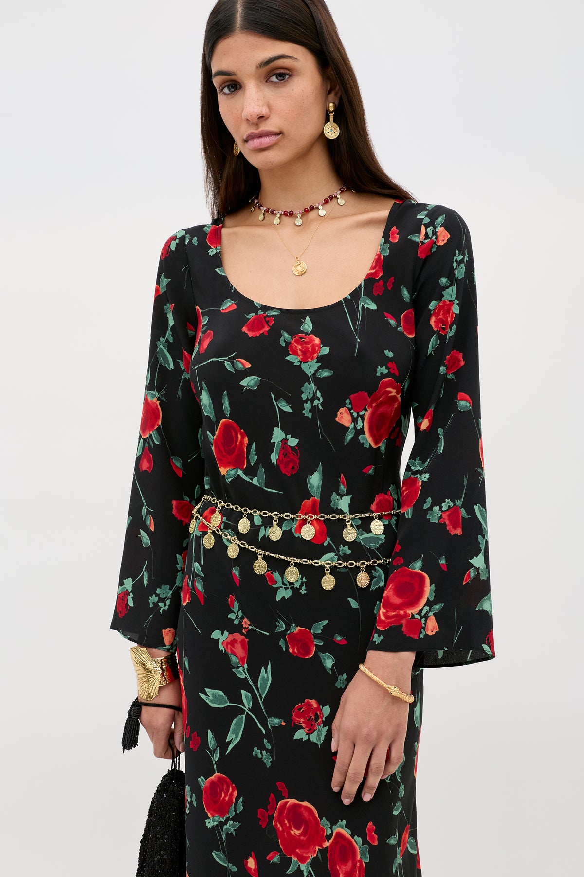 black long sleeve dress with red roses Scarlette Red Rose Formal Dress in Black