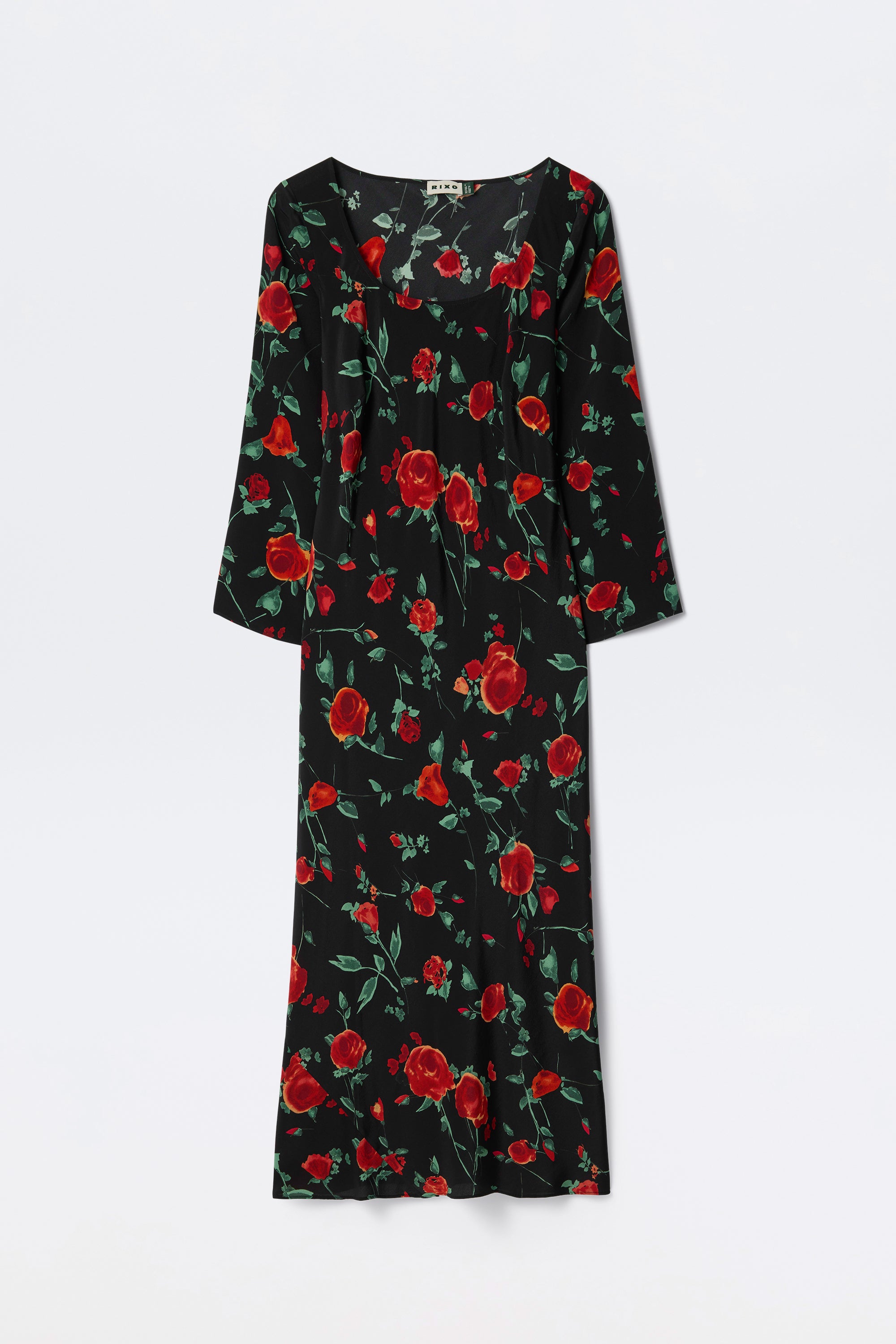 Pui CRINKLE ROSE DRESS ブラック Noraya Silk Midi Dress in Claudia Rose Black | RIXO USA ⋆