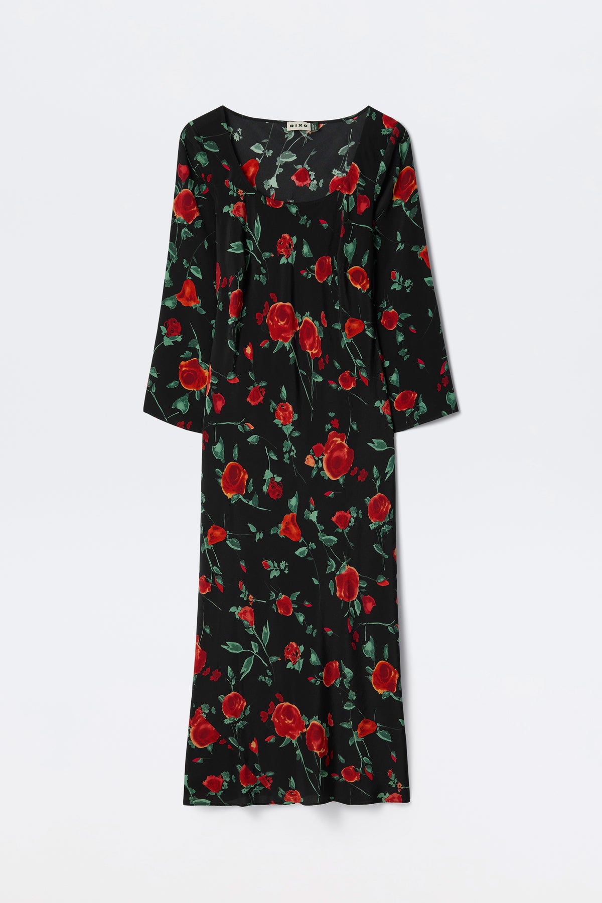 Noraya Silk Midi Dress in Claudia Rose Black | RIXO USA Noraya Silk Midi Dress in Claudia Rose Black | RIXO USA