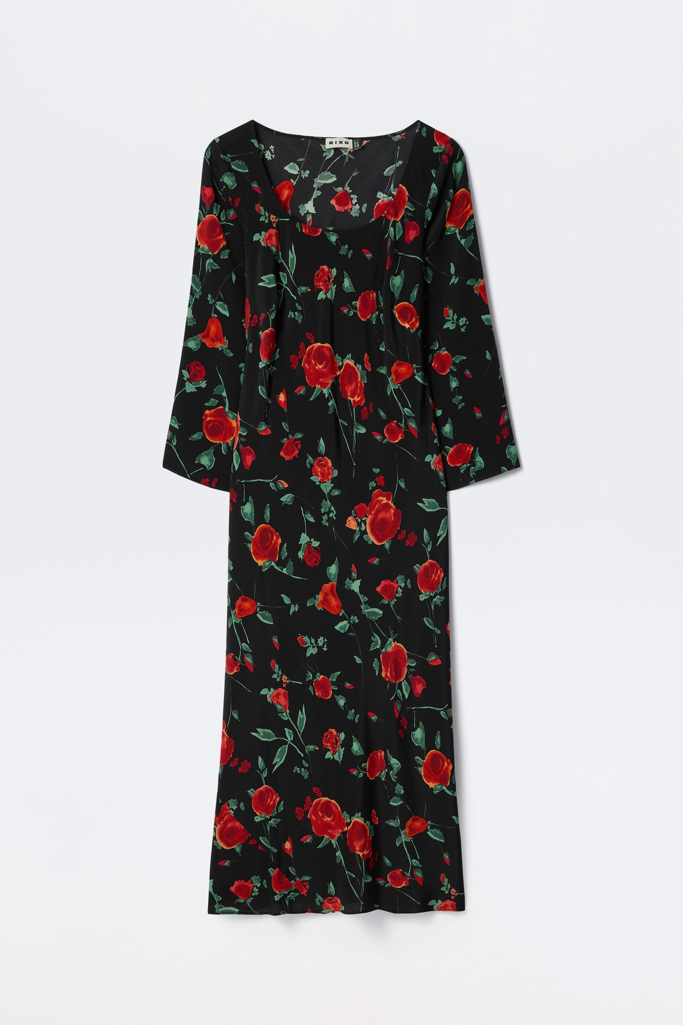 Noraya Silk Midi Dress in Claudia Rose Black | RIXO USA Noraya Silk Midi Dress in Claudia Rose Black | RIXO USA