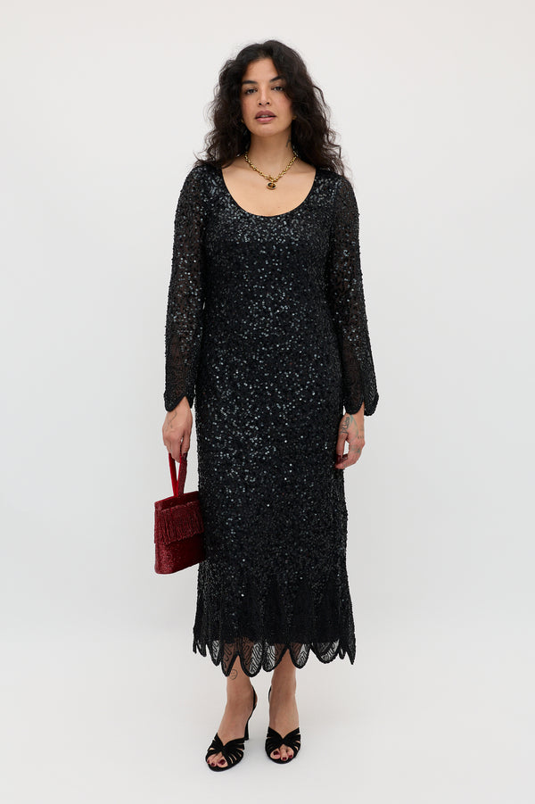 antique black dress RIXO Noraya Embellished Midi Florence Embellishment Antique Black