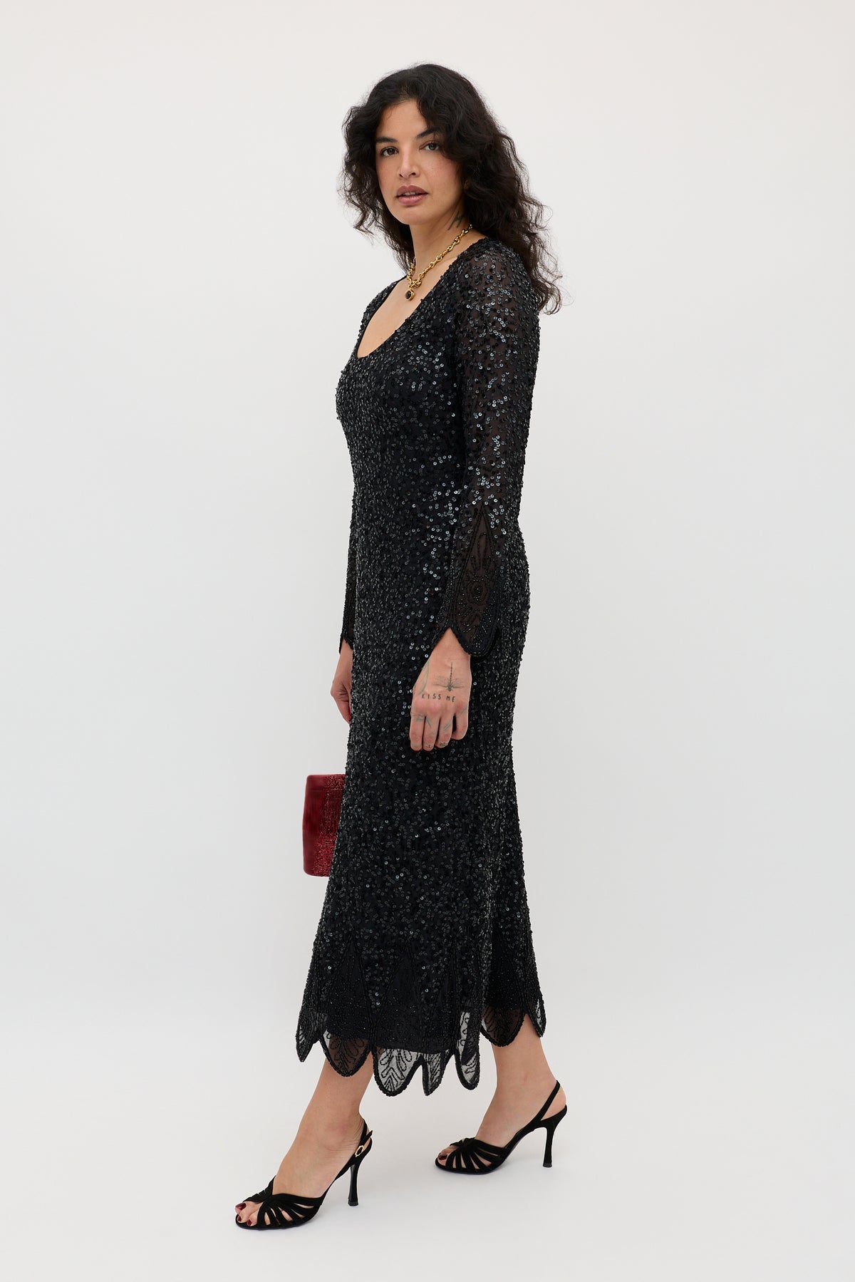RIXO Noraya Embellished Midi Florence Embellishment Antique Black RIXO Noraya Embellished Midi Florence Embellishment Antique Black