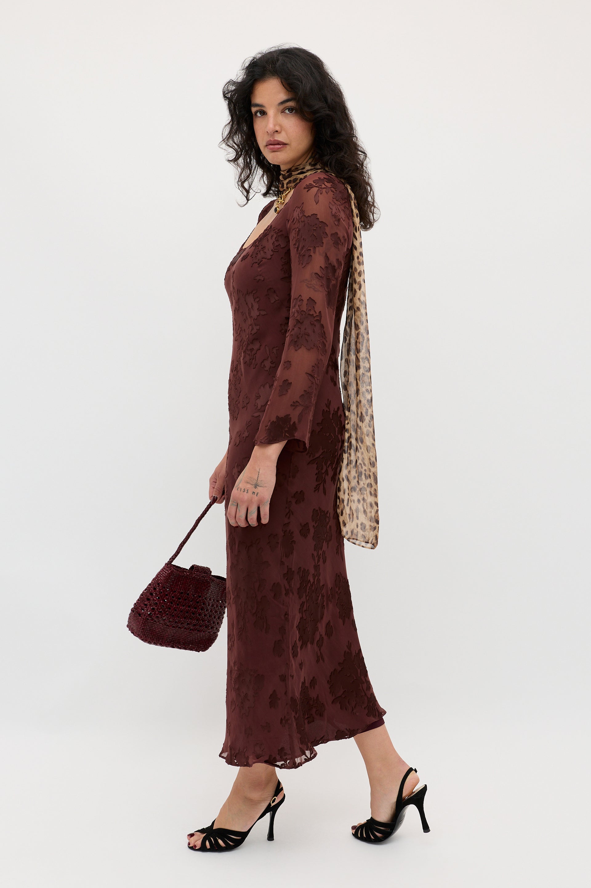 Noraya Silk-Satin Devoré Midi Dress in Bouquet Devoré Brown