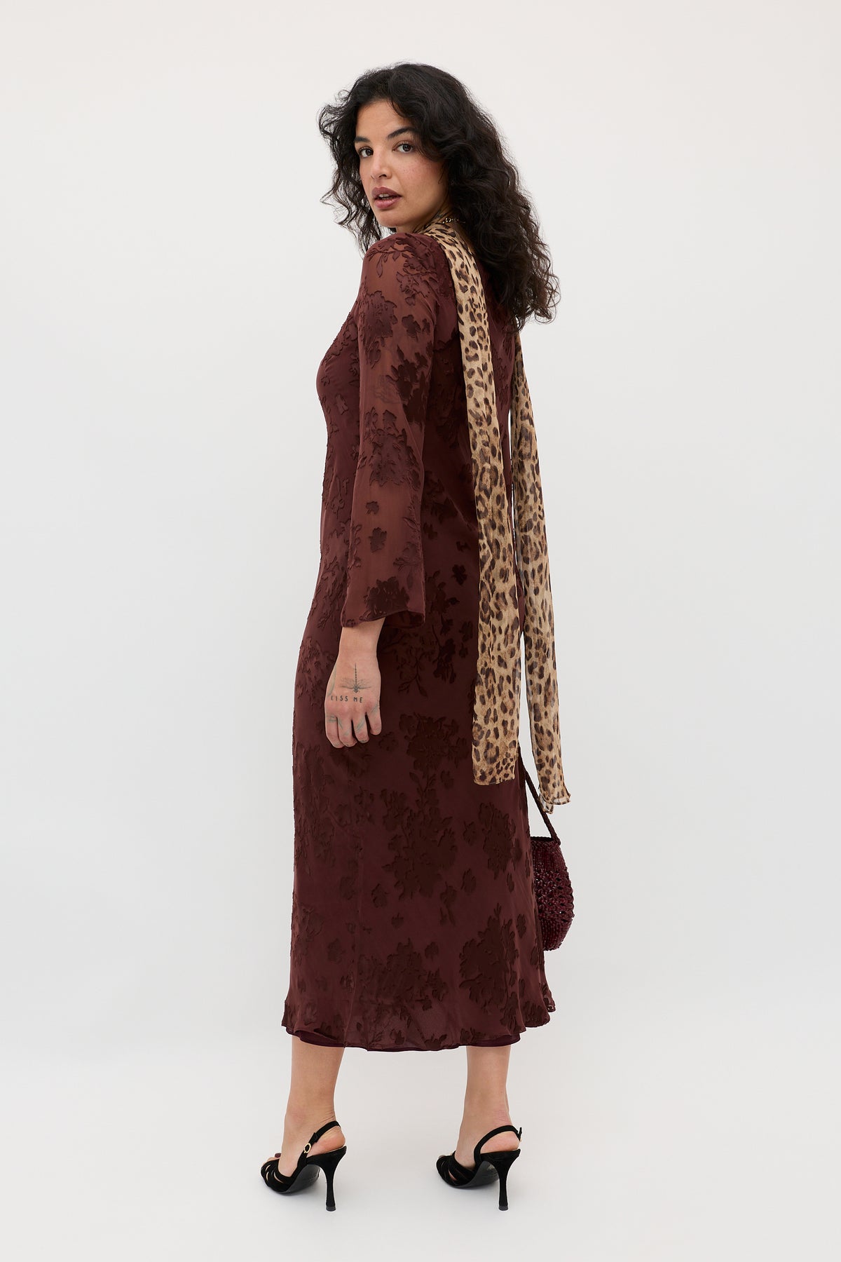 Noraya Silk-Satin Devor Midi Dress in Bouquet Devor Brown | RIXO Noraya Silk-Satin Devor Midi Dress in Bouquet Devor Brown | RIXO