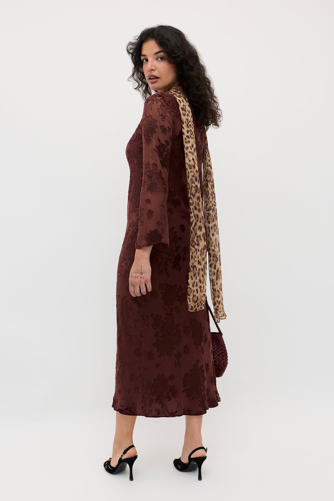 Noraya Silk-Satin Devor Midi Dress in Bouquet Devor Brown | RIXO USA Noraya Silk-Satin Devor Midi Dress in Bouquet Devor Brown | RIXO USA