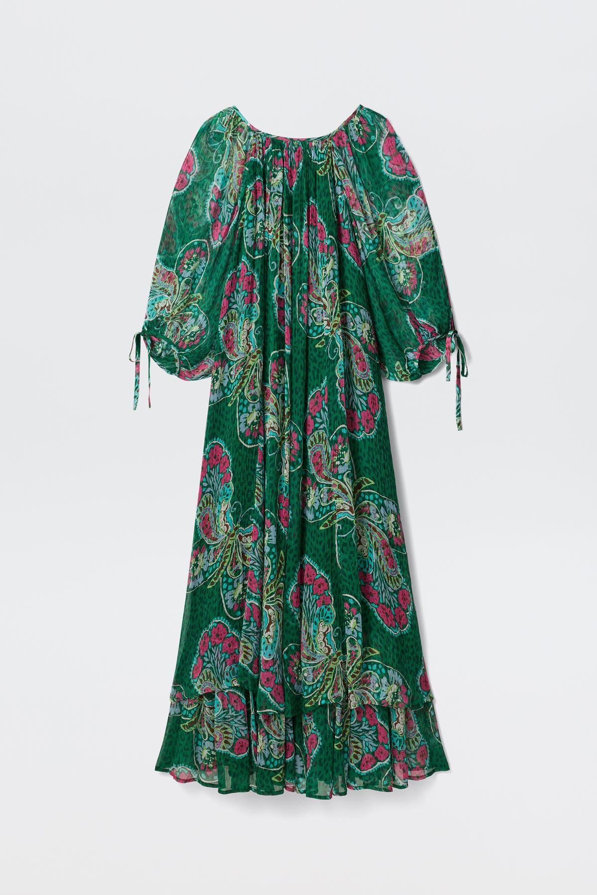 The Hayden - Butterfly Bloom Green dress features a flowy green design with pink and yellow paisley prints, wide tie sleeves, a ruffled hem, off-the-shoulder neckline, and a loose, relaxed fit.