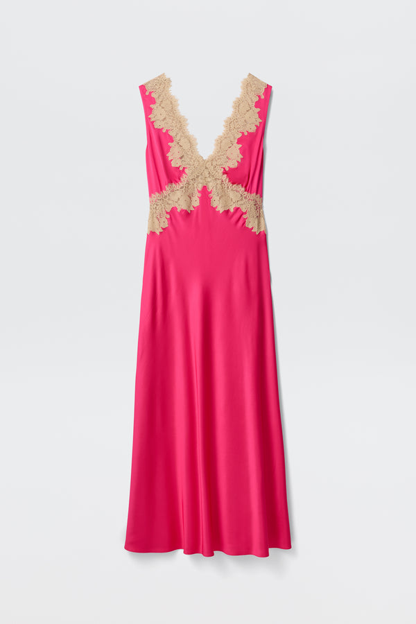 The Lysandra - Cerise is a sleeveless, bright pink satin midi dress featuring a deep V-neck and beige lace accents at the neckline and waist, shown against a plain white background.