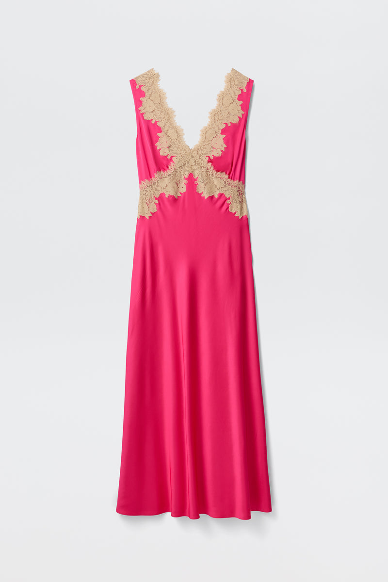 The Lysandra - Cerise is a sleeveless, bright pink satin midi dress featuring a deep V-neck and beige lace accents at the neckline and waist, shown against a plain white background.