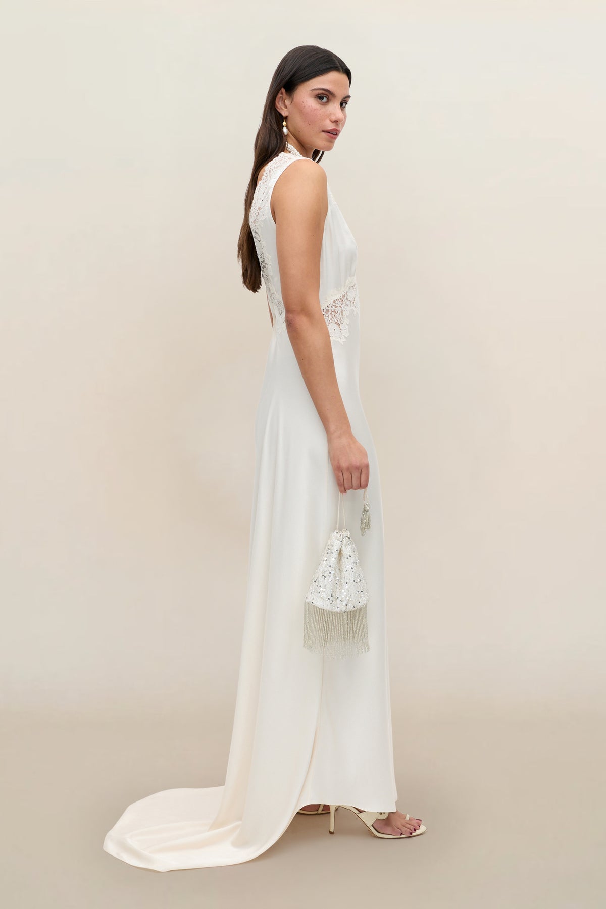 white dress with pearl sleeves Azzurra Satin Gown in Ivory Pearl