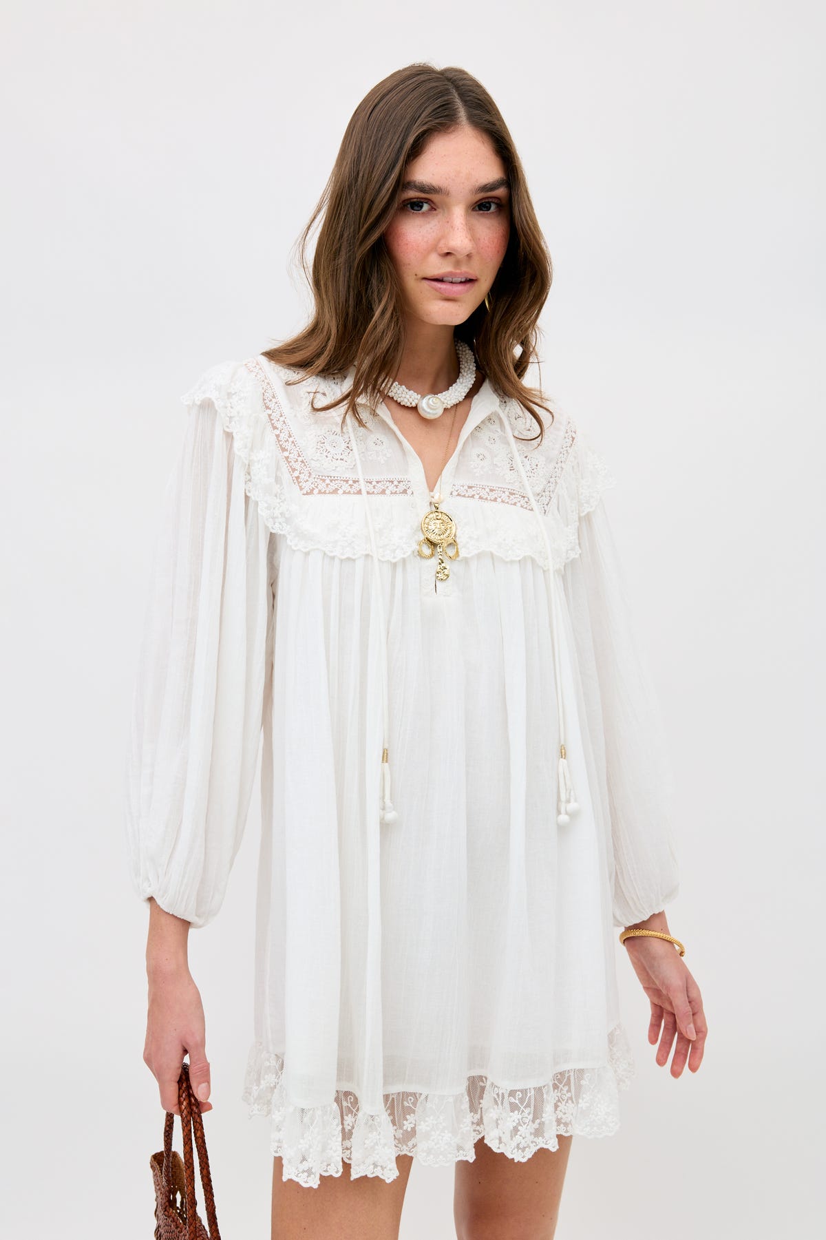 white dress loose embroidery Inez Cotton Mini in Lilly Ivory GL-05.26.26 fitted waist Phone wallpaper: Lana Rhoades, Color:Black-Burgundy