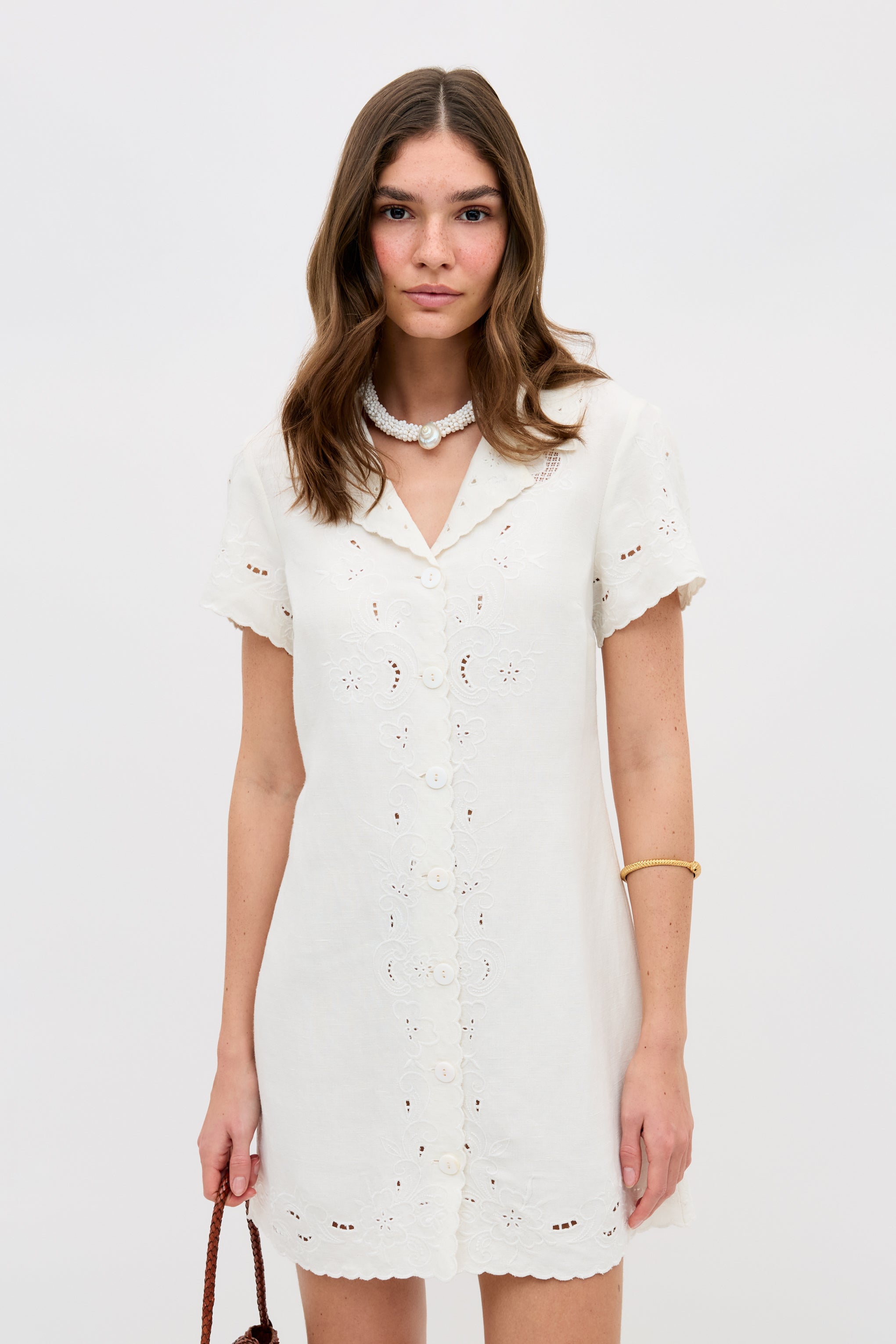 Zayanna Embroidered Mini Dress in White Esther Cutwork Embroidery