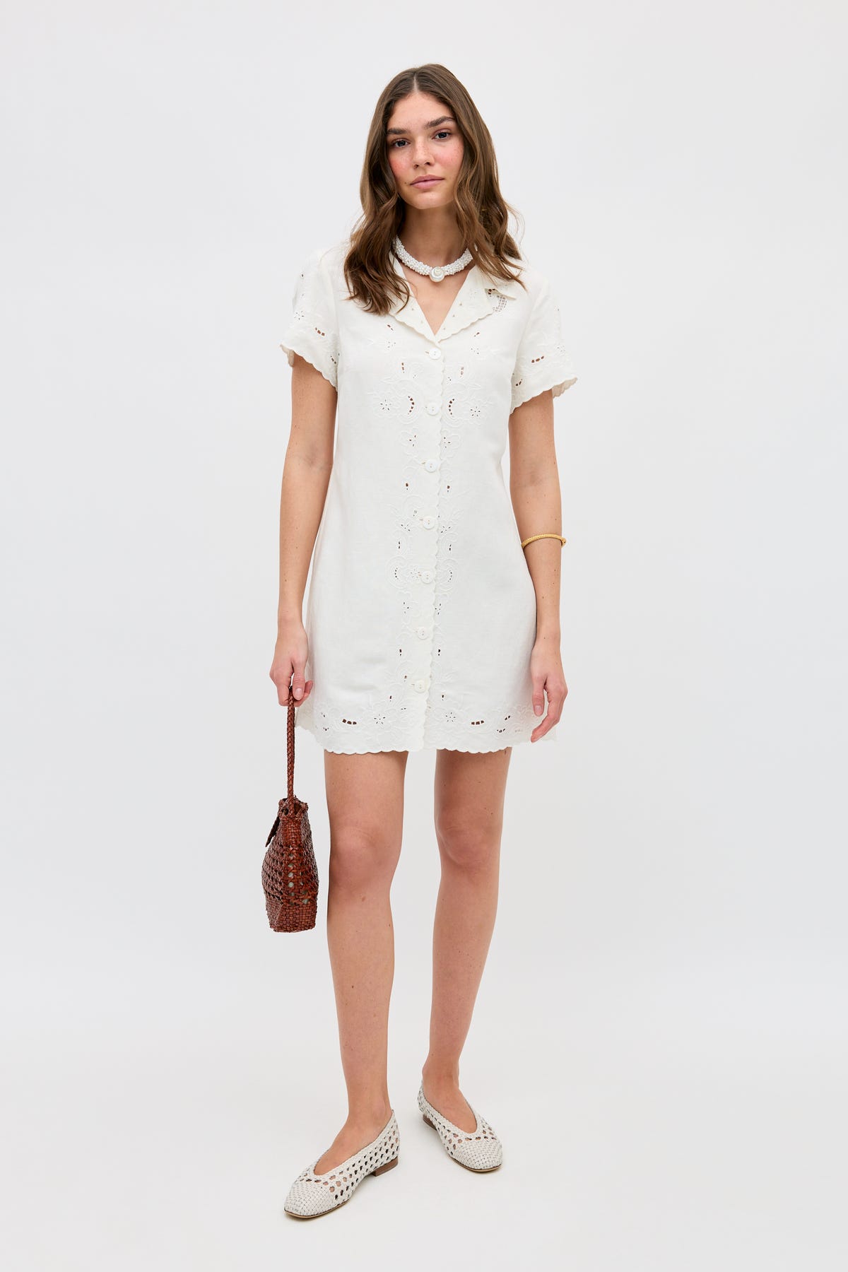 Zayanna Embroidered Mini Dress in White Esther Cutwork Embroidery Ivory