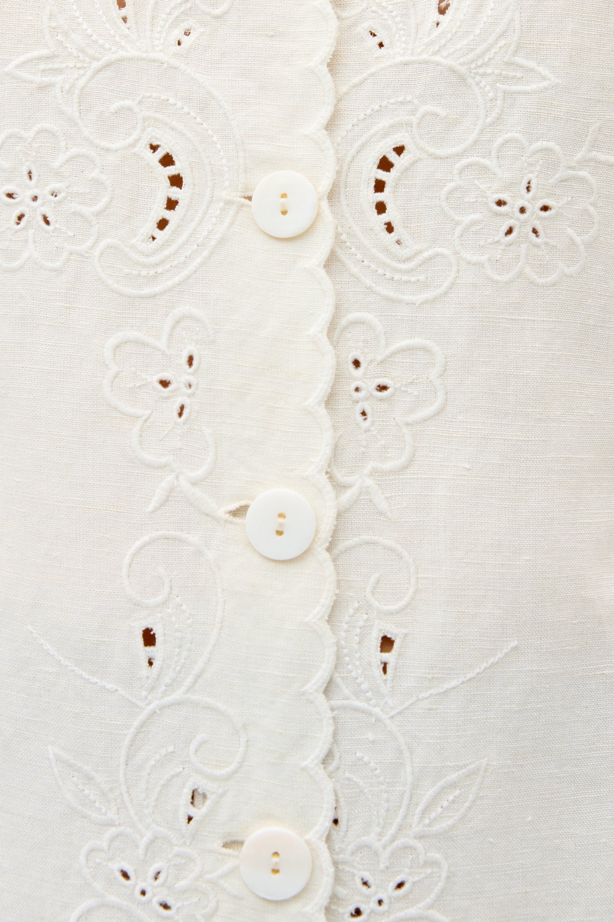 Close-up of Zayanna - Esther Cutwork Embroidery Ivory: white fabric with scalloped edges, delicate floral embroidery, intricate cutout patterns, detailed stitching, and four white buttons aligned vertically down the center.