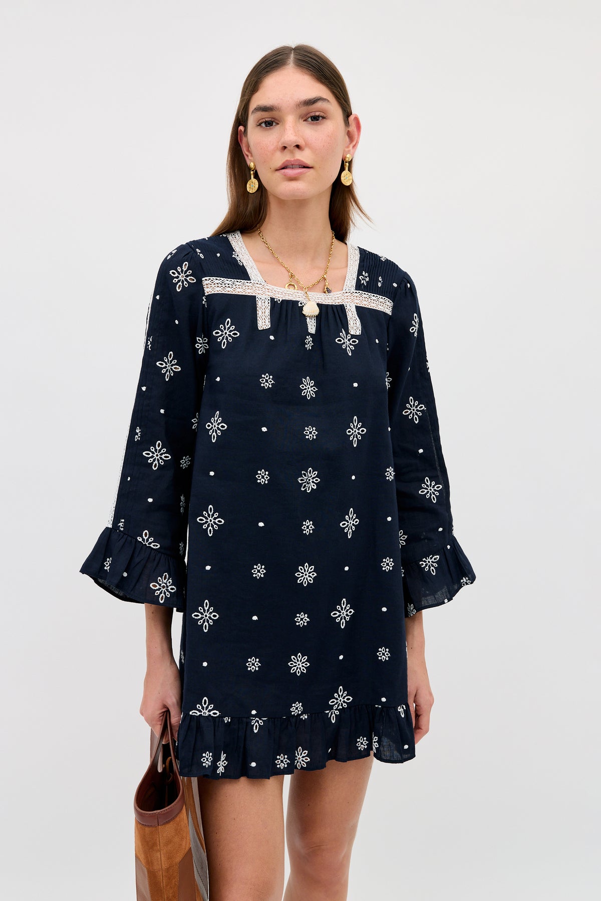 RIXO Susana Embroidered Linen-Cotton Mini Blossom Cutwork Embroidery Navy RIXO Susana Embroidered Linen-Cotton Mini Blossom Cutwork Embroidery Navy